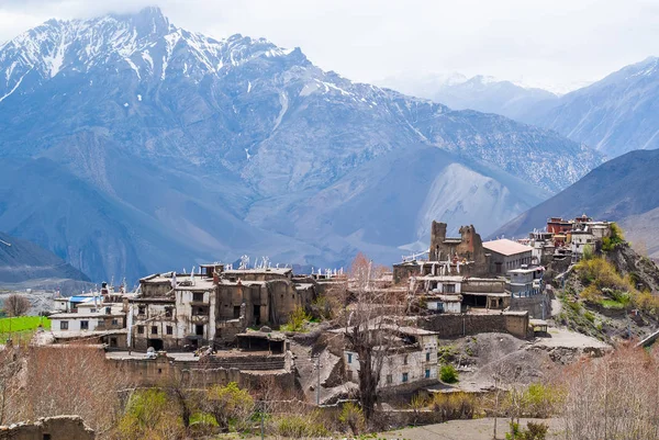 Villaggio tibetano e catena montuosa del Dhaulagiri sullo sfondo . — Foto Stock