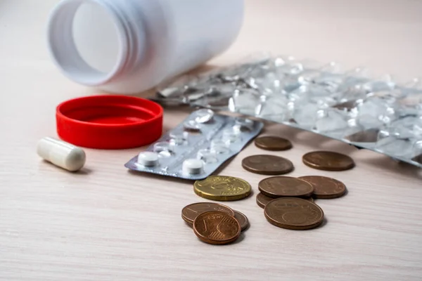 Empty Blister Packs Medicine Bottle Coins Money Spent Drugs Concept — 스톡 사진