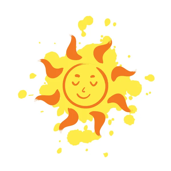 Веселий усміхнений сонце з краплями фарби на фоні — стоковий вектор