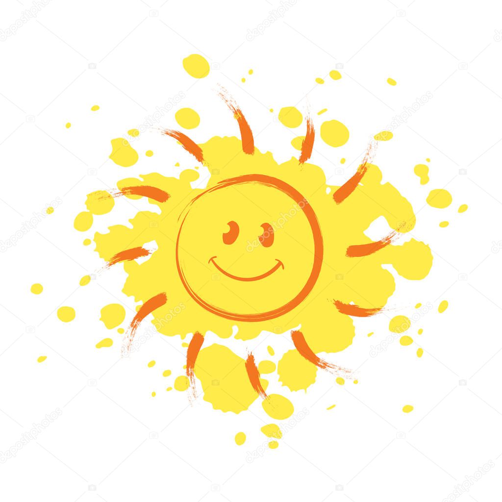 Cheerful smiling Sun with paint drops on background
