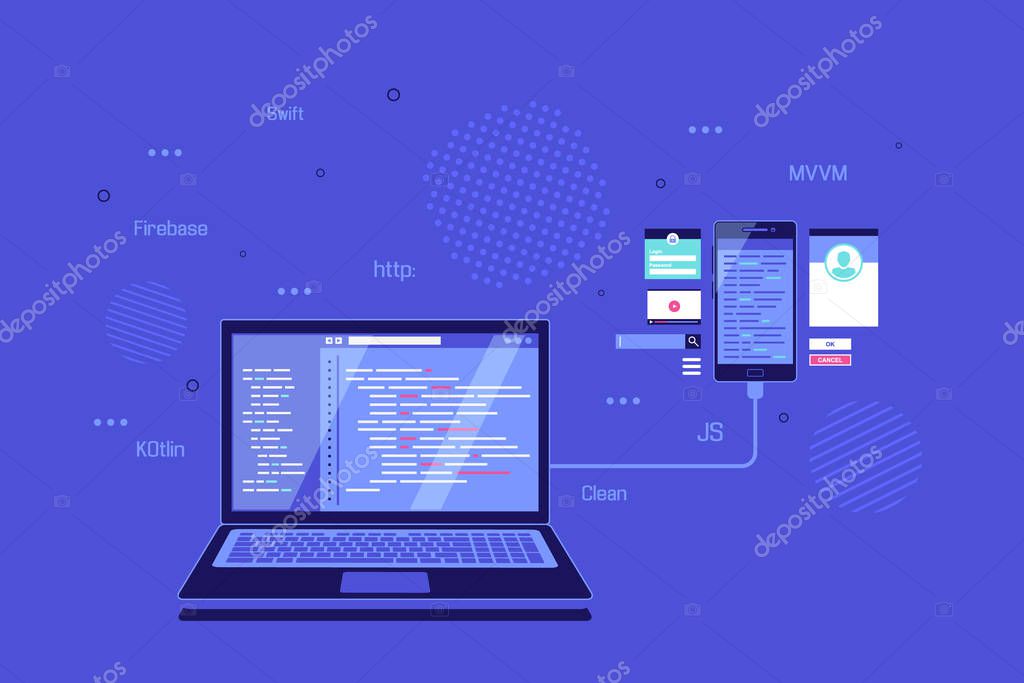 Vector of Coding, programming, application development concept banner design Coding, programming, development of application for smartphone. Laptop connected to mobile phone with development software on screen and programming language signs around. Flat style banner design stock vector