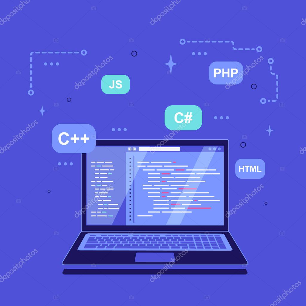 Vector of Coding, programming, application development concept banner design Coding, programming, application development concept. Laptop with development software and programming language signs around. Flat style banner design. stock vector