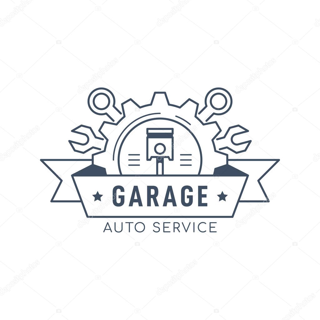 Car service and repair badge design. Auto parts store store company logo template. Black and white line art icon isolated on white background