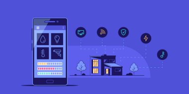 Akıllı ev konsept afişi. Akıllı telefonları ve ikonları olan modern bir villa. Düz biçim illüstrasyonu