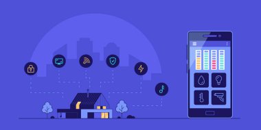 Akıllı ev konsept afişi. Akıllı telefonları ve ikonları olan modern bir villa. Düz biçim illüstrasyonu
