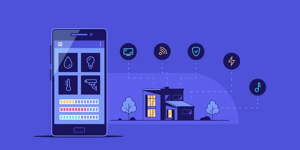 Умный Баннер Концепции Дома Современная Вилла Смартфоном Компьютером Плоская Иллюстрация — стоковый вектор