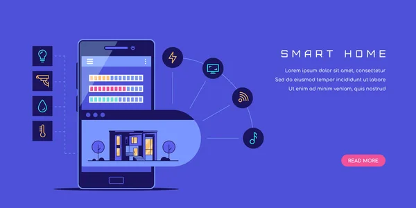 スマートハウスのコンセプトバナー スマートフォンやアイコンとモダンなヴィラ 平面図 — ストックベクタ