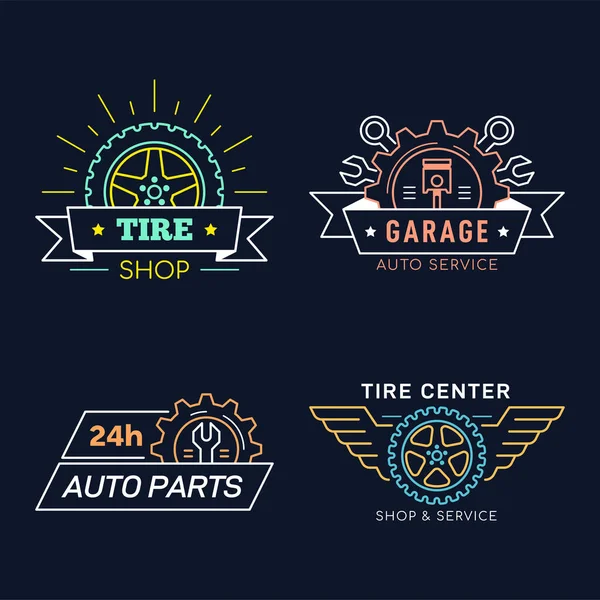 Set Van Car Service Repair Badge Design Kleur Lijn Kunst — Stockvector