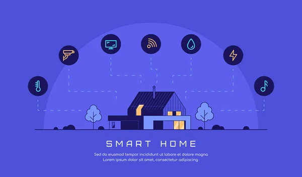 Smart House Konzept Banner Moderne Villa Mit Symbolen Und Platz — Stockvektor