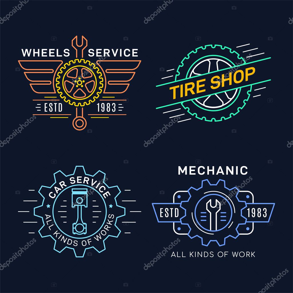 Set of Car Service and Repair Badge Design. Color line art icon on dark background. Wheel repair service, tire store, car repair, auto parts store.