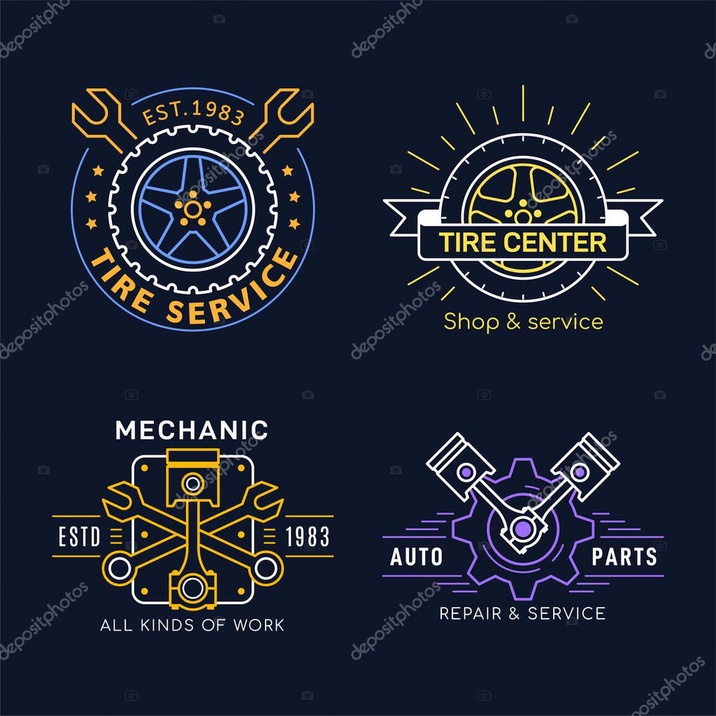 Set of Car Service and Repair Badge Design. Color line art icon on dark background. Wheel repair service, tire store, car repair, auto parts store.