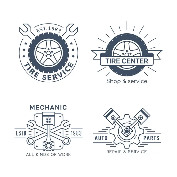 Set Car Service Repair Badge Design Black White Line Art — Stock Vector