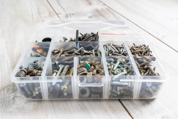Screws Bolts Nuts Other Carpenter Stuff Plastic Toolbox Hardware Organizer — Stock Photo, Image