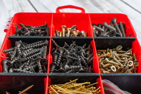 Tornillos Pernos Tuercas Otras Cosas Carpintería Una Caja Herramientas Plástico — Foto de Stock