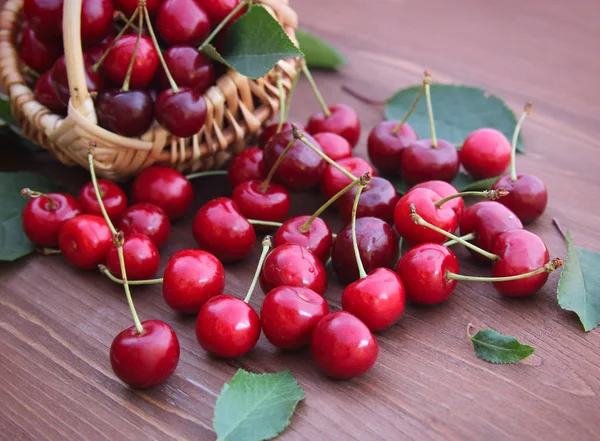 Fresh juicy cherries in basket — Stock Photo, Image