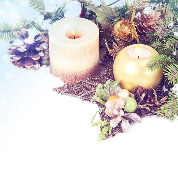 Christmas background with Christmas toys and candles — Stock Photo, Image