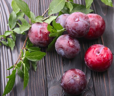 Koyu ahşap arka plan üzerinde olgunlaşmış mavi Erik