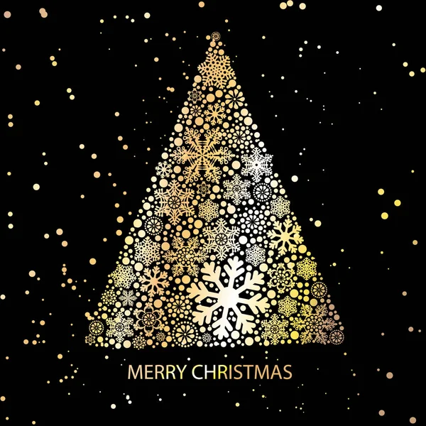 Weihnachten Hintergrund mit einer goldenen Tanne aus Schneeflocken — Stockvektor