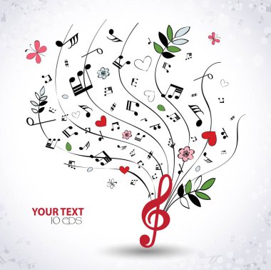 bahar müzikal arka kelebek, çiçek ve notlar