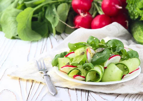 Friss tavaszi saláta uborka és a retek — Stock Fotó