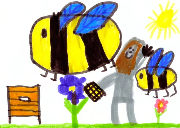 Funny bees and beekeeper. Children\'s drawing.