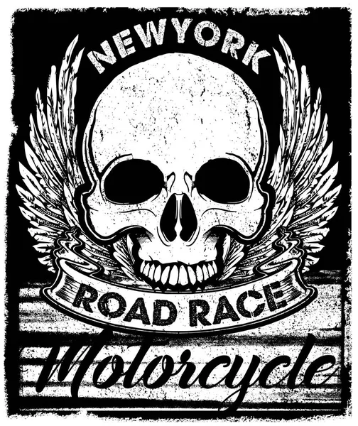 Vintage motociclista crânio Emblema Tee Gráfico —  Vetores de Stock