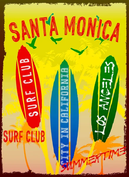 Vector illustration on the theme of surf and surf club Santa Mon — Stock Vector