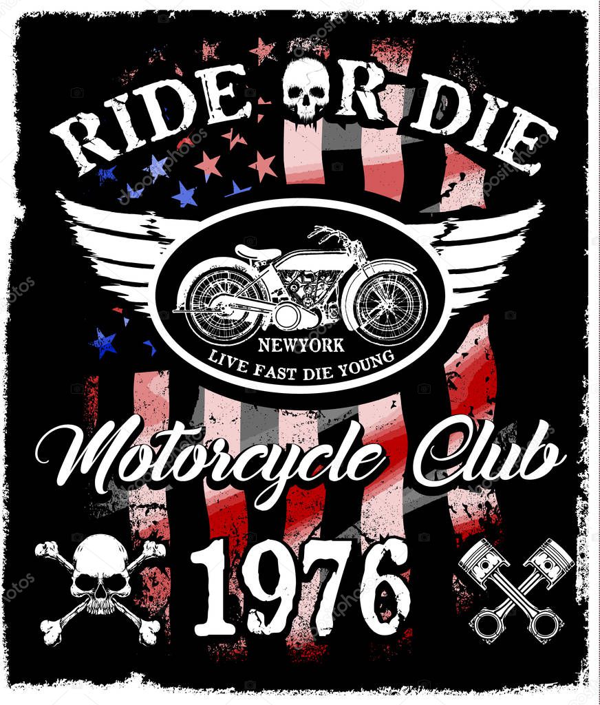 Motorcycle label t-shirt design with illustration of custom chop