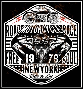 Motorcycle label t-shirt design with illustration of custom chop clipart