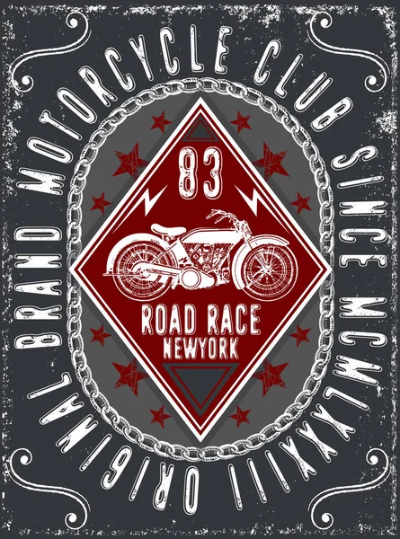 Vintage motorfiets hand getrokken vector tee grafisch ontwerp — Stockvector