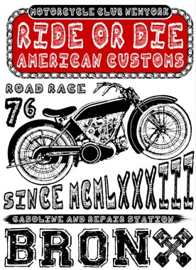 Vintage motosiklet elle çizilmiş vektör tee grafik tasarım