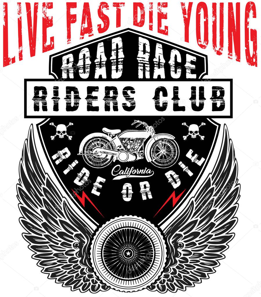 Motorcycle label t-shirt design with illustration of custom chop