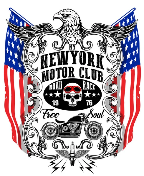 American Eagle Linework Vector Motocicleta T-shirt Gráfica —  Vetores de Stock