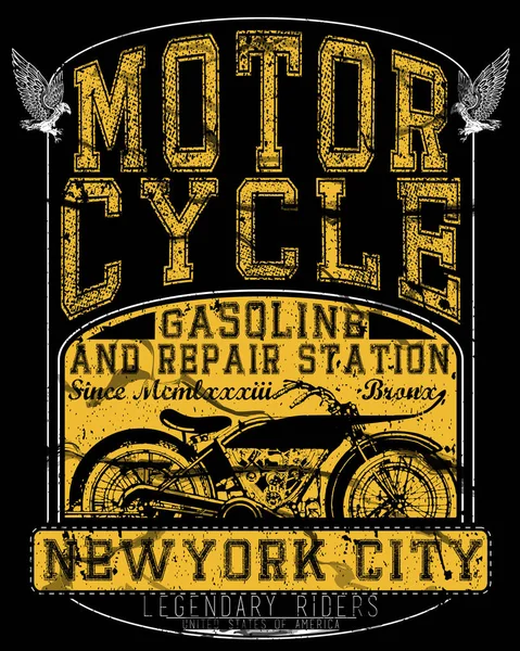 Motocicleta etiqueta t-shirt design com ilustração de costeleta personalizada — Vetor de Stock