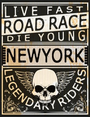 Tipografi grafik ve afiş yarış motosiklet. Kafatası ve eski 