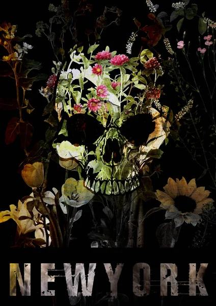 New York Typografie Totenkopf mit Blumen — Stockfoto