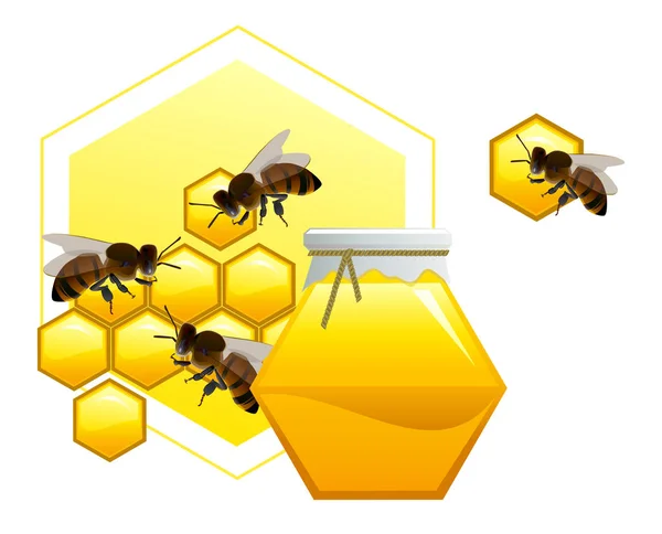 Barile di miele con favi e api — Vettoriale Stock