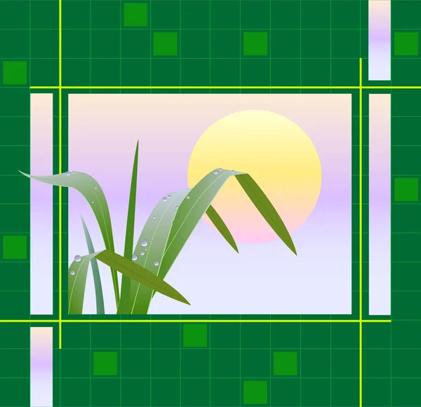 Gündoğumu çimlere görüntü ile geometrik arka plan — Stok Vektör