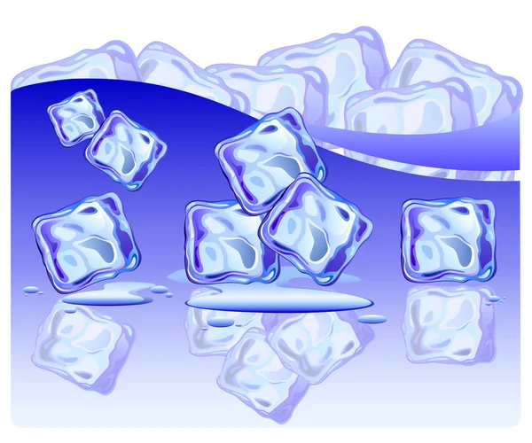 Set of ice cubes on glossy surface with water drops — Stock Vector