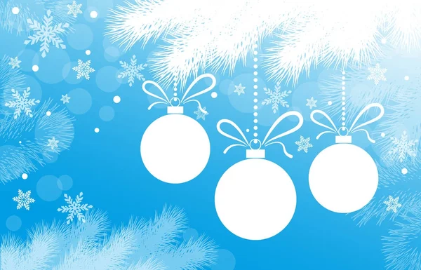モミ枝 Hristmas ボールと雪で新年やクリスマスの青色の背景色 — ストックベクタ