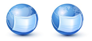 Dünyayı virüsten koruyorum. Dünya gezegeni tıbbi bir maskeyle.