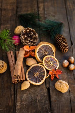 Xmas simgeleri gibi fındık, portakal dilimleri, ağaç dalları