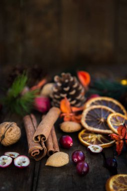 Xmas simgeleri gibi fındık, portakal dilimleri, ağaç dalları