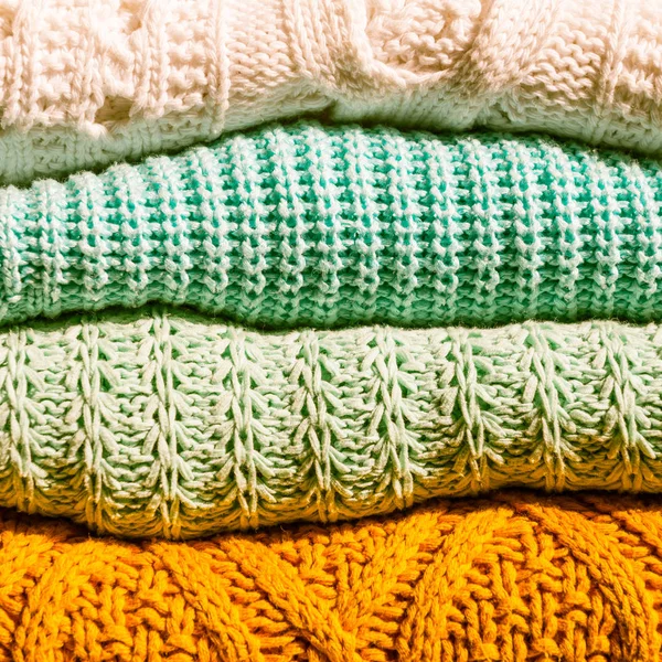 Stack of Cozy Cotton Knitted Sweaters — Stock Photo, Image