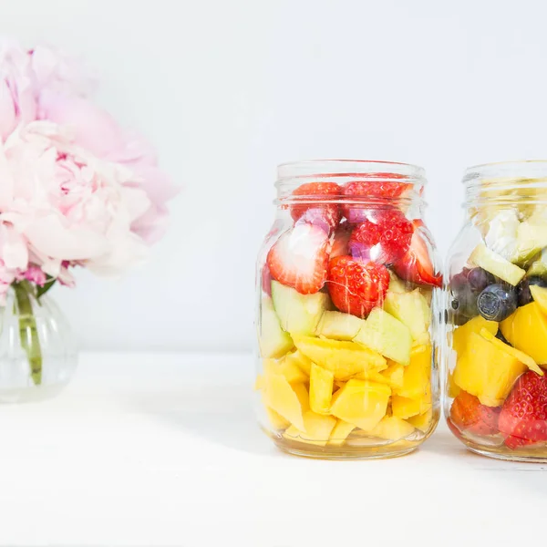 Fruit and Berry Salads in Jars — Stock Photo, Image