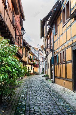 Geleneksel Fransız evler ve dükkanlar Eguisheim, Alsace, Fransa