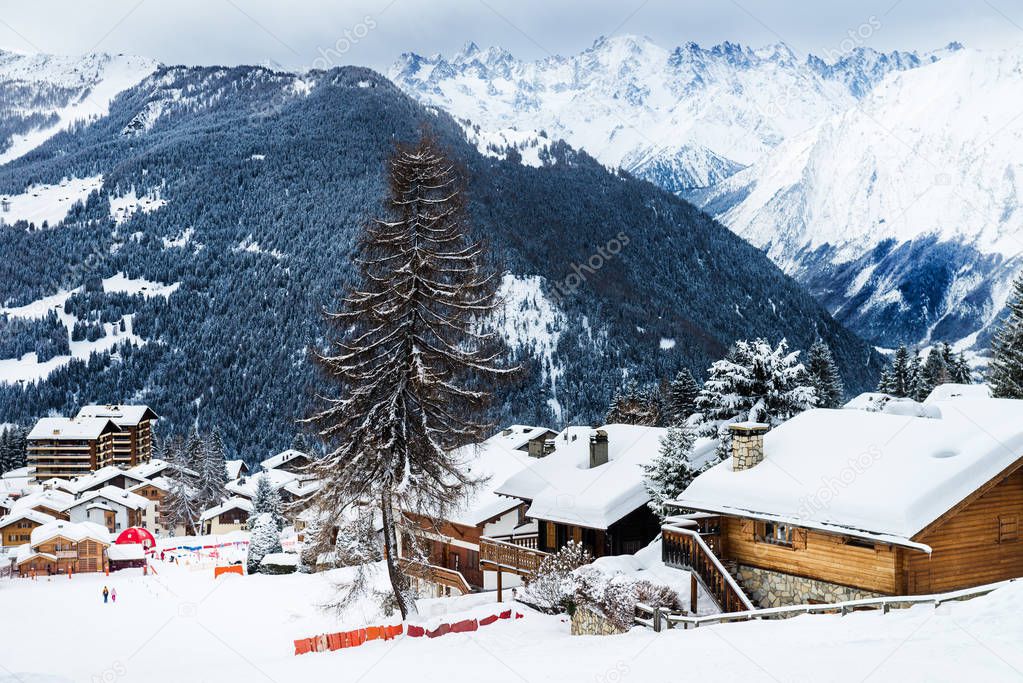 Winter view on the valley in Swiss Alps, Verbier, Switzerland