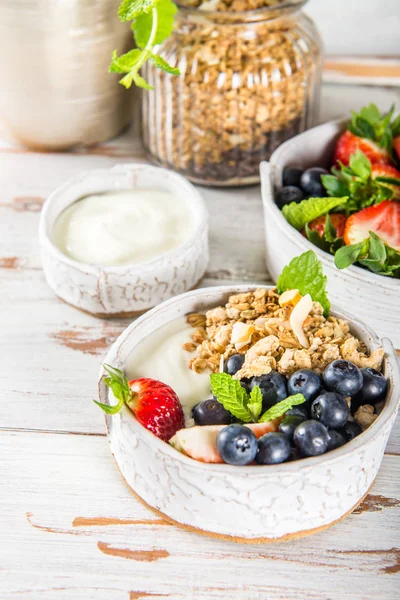 Чаша натурального йогурта с мюсли и свежими ягодами — стоковое фото
