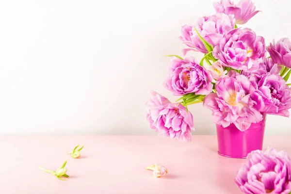 Belo grupo de tulipas estilo peônia no pote rosa — Fotografia de Stock
