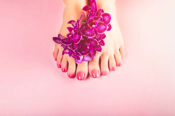 Stylish trendy pink female pedicure and orchid flower